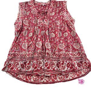 Lucky Brand Womens large Blouse Pink red Floral sleeveless Pullover